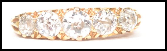 Antique hallmarked 18ct gold gallery set five / 5 Stone diamond ring, five old cut diamonds.