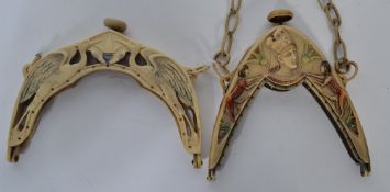 Two Art Deco celluloid ladies hand bag tops, one with Storks and the other with Egyptian characters