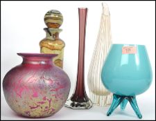 A collection of 20th century studio art glass to include a Loetz manner Royal Brierley overlaid bowl