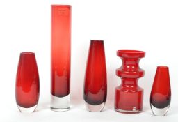 A  collection of 5 pieces of original retro / vintage red art glass vases etc all of varying sizes