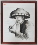 An Oriental pencil drawing of an Asian man with hat smoking a pipe being framed and glazed.