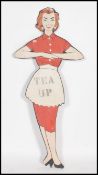 A 1950's large wooden handpainted advertising sign in the form of a lady waitress with notation