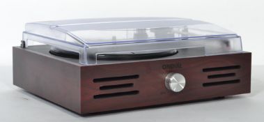A contemporary two speed record player with built in speaker, lift up smoked perspex lid, Ondial