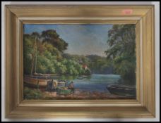 English School Devon / Cornish river scene with fisherman to foreground  and working boats, the