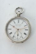 A vintage silver open faced pocket watch, the dial marked for HE Peck, London. Enamel face with