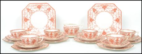 A late 19th / early 20th century Foley China red & white transfer printed six person part tea