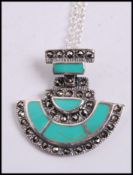 A sterling silver marcasite and enamel Art Deco necklace and pendant , weighs 7.2 grams.
