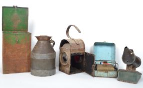 A group of vintage 20th century items to include a 3 way railway / road lamp, a bee smoker, a