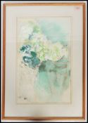 An abstract 20th century watercolour and gouache painting of a floral vase / spray being signed to