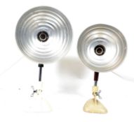 A pair of vintage mid century Pifco heat lamp with UFO Space age style pendant shade being converted