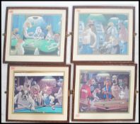 A group of four framed and glazed comic dog prints depicting dogs playing poker, pool, cards and