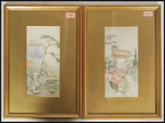 A pair of early 20th century Japanese watercolour paintings of water gardens and geisha being