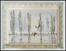 A mid century oil on board painting study of ' Mallards flying through Poplars trees Framed and