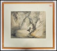 A mid century pen and ink abstract drawing / painting of mountains and a lake scene being signed