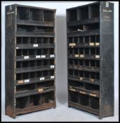 A pair of original mid 20th century Industrial large green / ebonised enamel metal sectional cubby