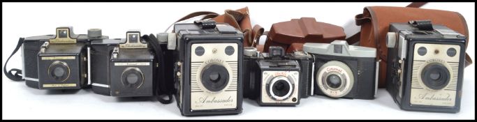 A collection of 6 vintage Coronet cameras to include Victor, Flashmaster, 2 Ambassador box
