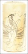 A 19th century Oriental ivory cricket catcher pot box of cylindrical form having Geisha decoration