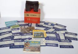 A vintage mid 20th century bakelite view finder with several stereo pictures to include New York,