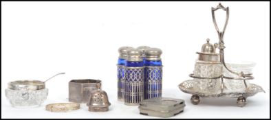 A collection of silver hallmarked items to include a cruet  by Walker & Hall, Sheffield date