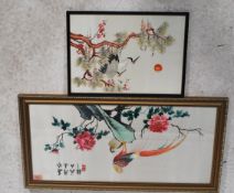 Two Oriental Japanese painting on silks depicting trees, flowers, exotic birds, cranes etc. Both