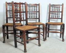 A good set of North Country ladderback country oak dining chairs being raised turned legs with