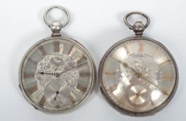 A mid 19th century hallmarked silver Victorian pocket watch having a silvered dial with gilt Roman