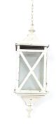 A vintage 20th century four panel hanging porch lantern with angular and finial tops, painted in a
