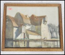 G. Stroud. Early 20th century watercolour painting of a waterside mill having dutch barn style