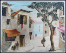 An unframed Doyly John oil on board painting of a classical Mediterranean seaside town view with