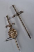 Two vintage silver brooches in the form of Medieval swords having pins to verso, Weighs 18.8