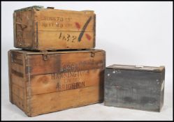 A collection of three vintage mid 20th century wooden shipping crates, each fitted with hinged or