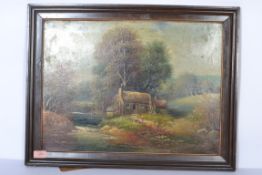 Local interest GEORGE HARRIS (British, 1858-1881), a framed oil on canvas painting of a mill cottage
