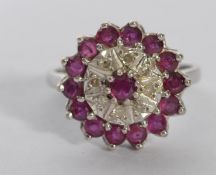 18ct white gold ruby and diamond cluster ring, cen