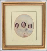 A 19th century mid Victorian  miniature portrait study painting group of three girls. Unsigned