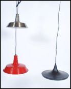 A group of  three retro / vintage industrial style factory pendant of enamel metal in the UFO style,