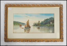 An early 20th century water colour painting of the River Dart depicting sailing boats with buildings