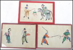 A group of three 19th century Oriental Chinese gouache paintings on pith rice paper depicting