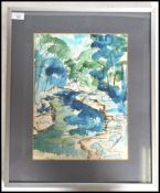 A 20th century framed and glazed abstract watercolour painting picture of a woodland scene with a