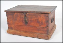 A Victorian 19th century small pine diddy box / strong box raised on plinth base with cast iron