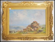 J A Moyle oil on board on painting of Dartmoor depicting sheep on a grassy hillside. Signed by