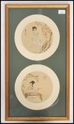 A pair of watercolour Chinese paintings of geisha, one seated with fan, the other painting. Each