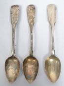 A set of three matching 19th century Georgian silver hallmarked tea spoon in the fiddle pattern with