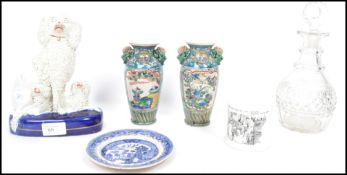A group of 19th century ceramics to include a Staffordshire Poodle figure group,  Child's Willow