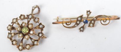 Two 19th century 9ct gold seed pearl brooches, one of roundel form with necklace bale and central