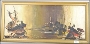 A vintage mid 20th century oil on board painting by Bill Hawkes. A 1970's oil on canvas Brixham