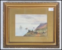 A 19th century water colour painting depicting a boat on water with hills to the distance signed S