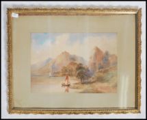 A vintage 20th century watercolour painting depicting hills, trees and sailing boats. Framed and