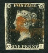 Stamps; PENNY BLACK 1840 1d Black with red franking and four clear white borders.