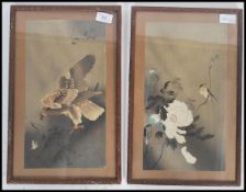 A pair of 19th century Oriental Chinese painting on silks depicting birds and and flowers signed