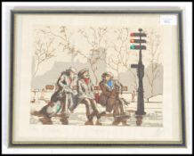 A vintage framed and glazed French lithograph / print picture depicting three vagrants sat on a